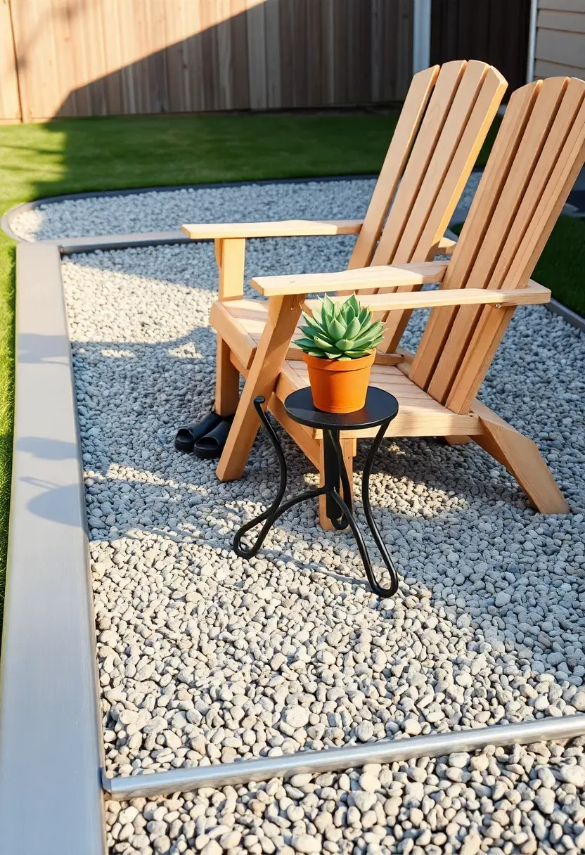 A simple backyard pea gravel patio with steel edging, two Adirondack chairs, and a small round metal side table holding a potted succulent