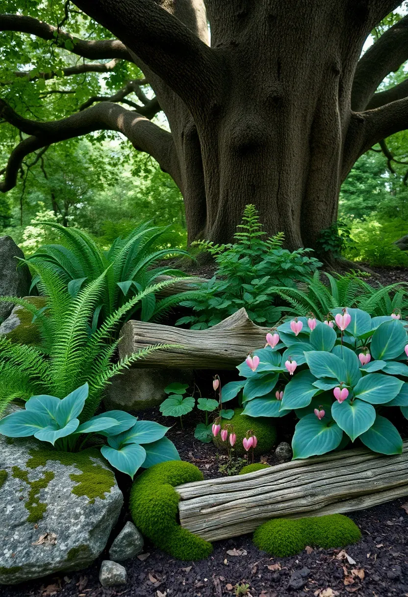 Lush shaded woodland garden bed under a mature tree canopy with layered plantings of ferns, hostas, bleeding hearts, and mossy stone accents in dappled light