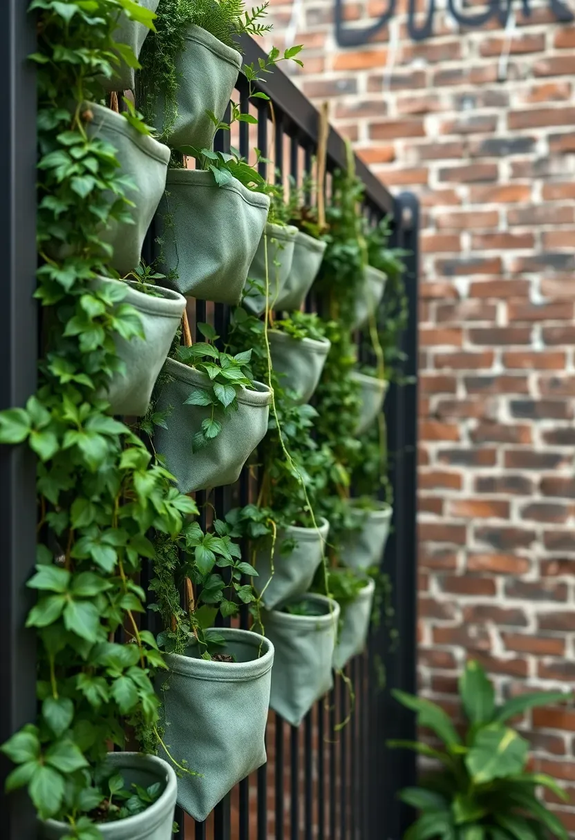 Lush vertical green wall on an urban courtyard fence with felt pocket planters of ferns, trailing pothos, and herbs on a dark steel frame