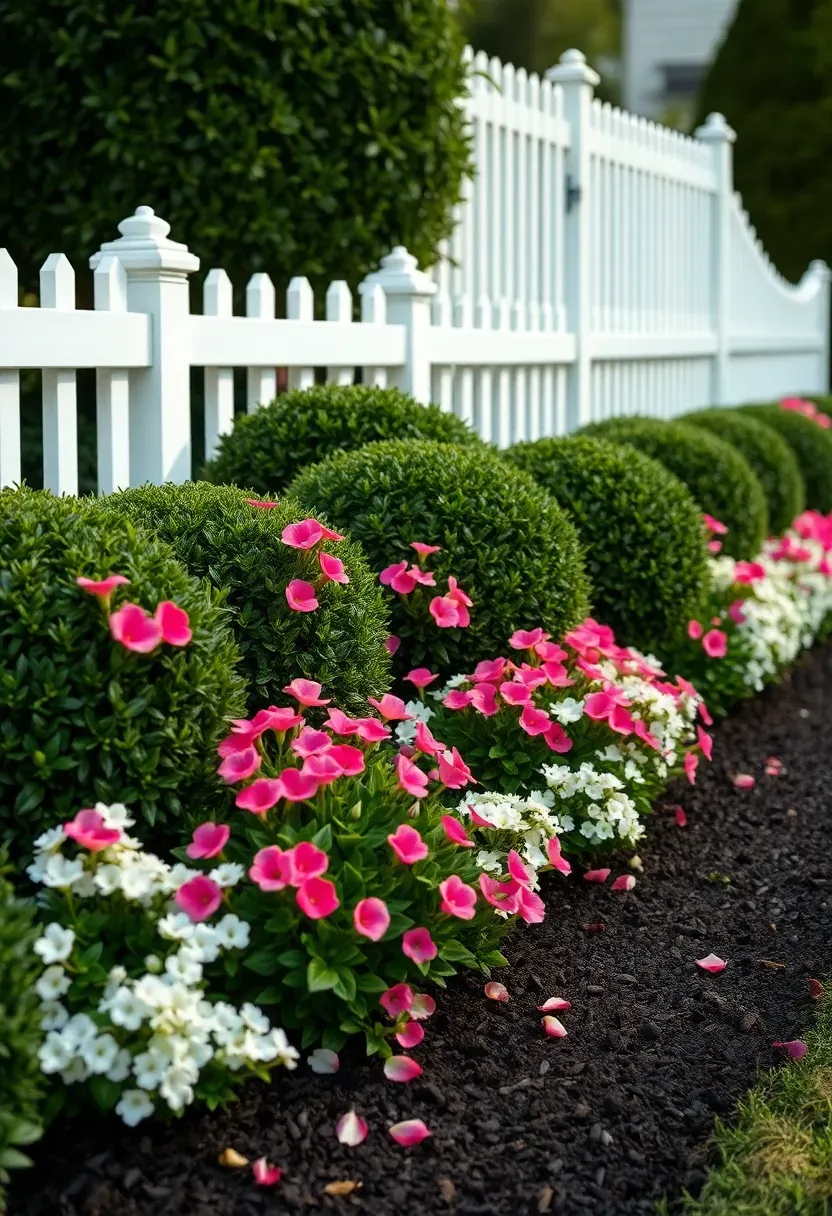 Formal boxwood hedge with colorful seasonal flowers planted along a painted fence creating a structured and polished backyard garden border