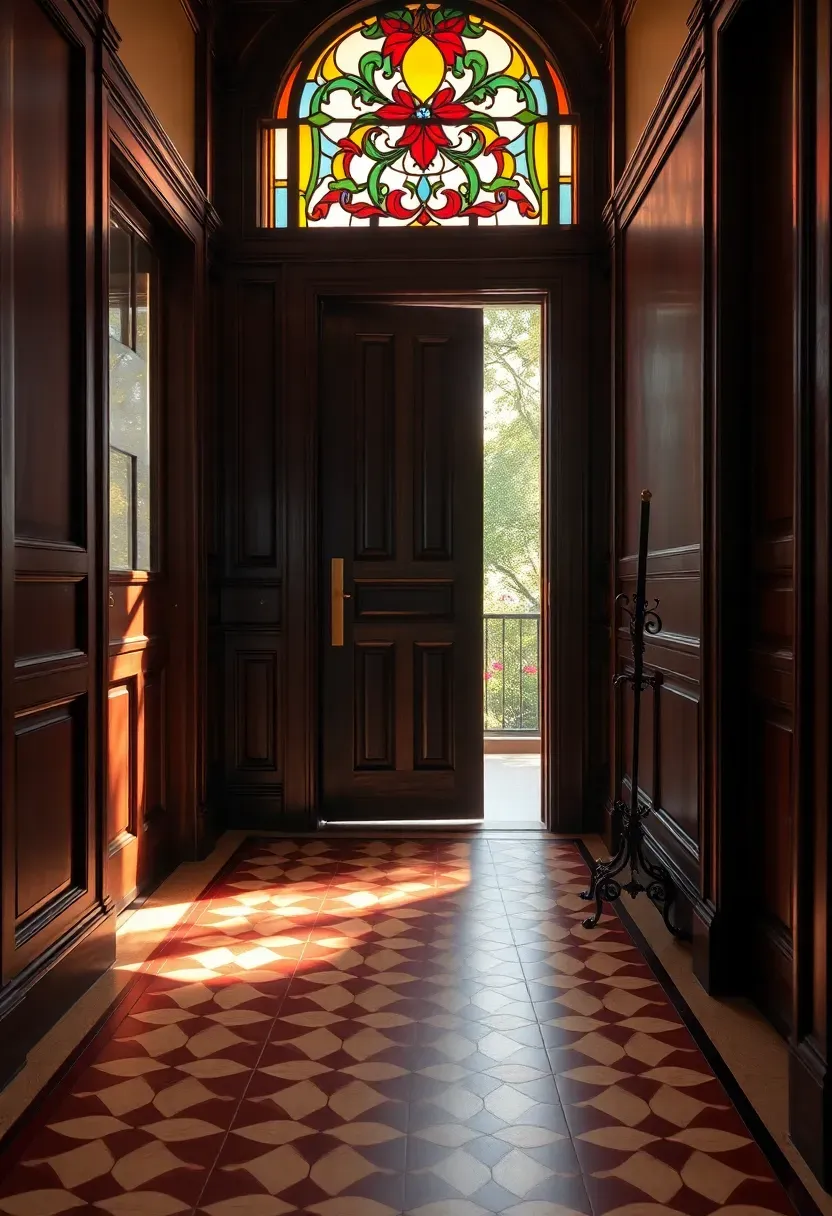 Victorian-era vestibule with encaustic tile floor, stained glass transom window, dark wood paneling, brass hardware, and a period umbrella stand