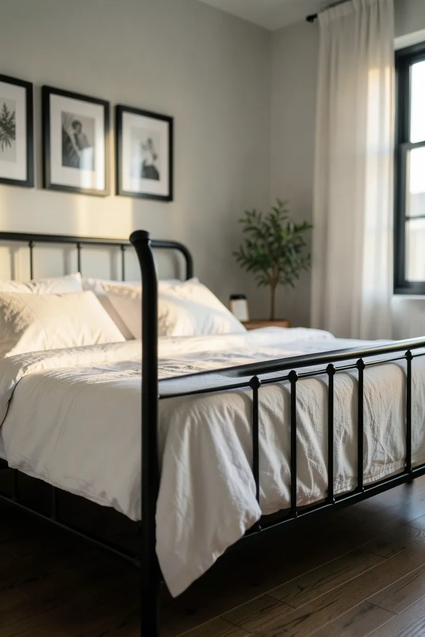 Modern boho bedroom with matte black bed frame, white linen bedding, rattan accessories, and black picture frames creating a sophisticated contrast