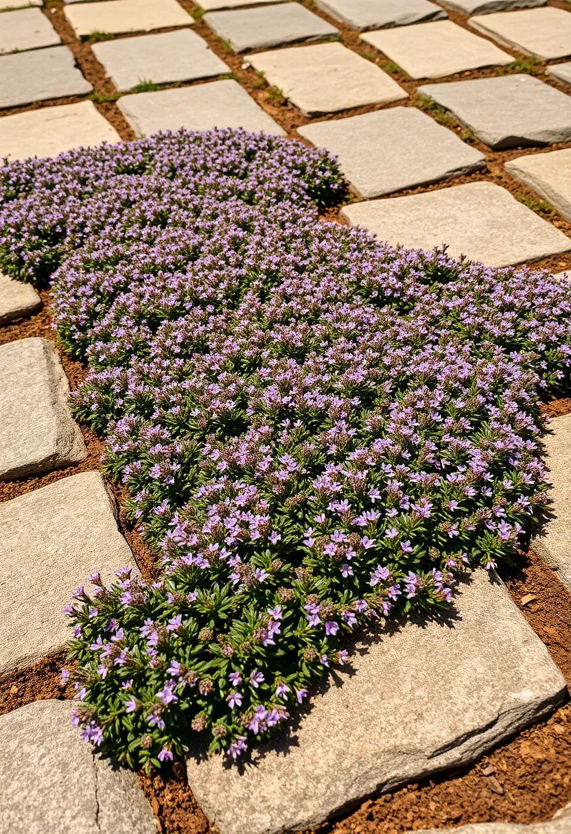 Creeping thyme ground cover growing between flagstone pavers in a sunny backyard replacing traditional lawn grass