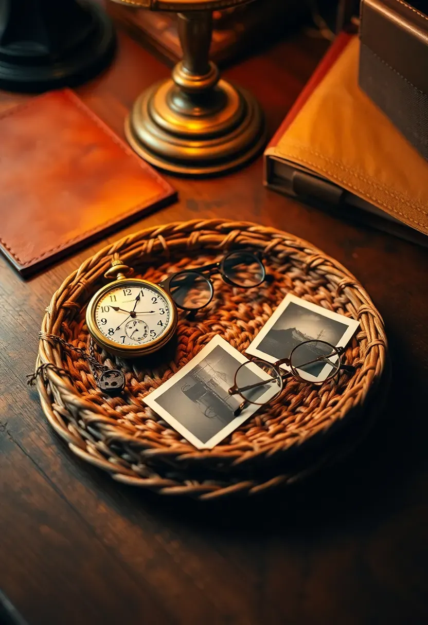 Vintage collectibles displayed on a woven tray including old pocket watch, antique spectacles, and sepia photographs on a dark wood desk