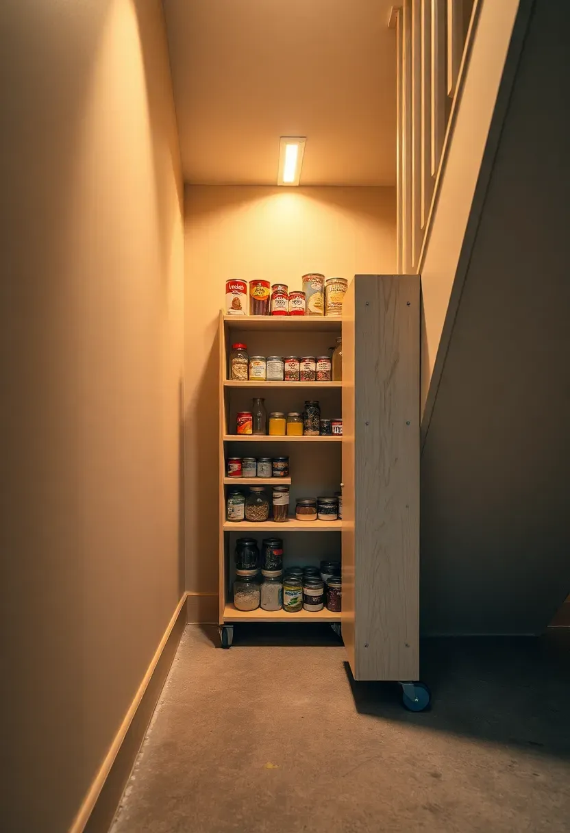 Basement stairs with the triangular space beneath converted into a pull-out pantry with narrow shelving units on rollers holding canned goods and dry storage