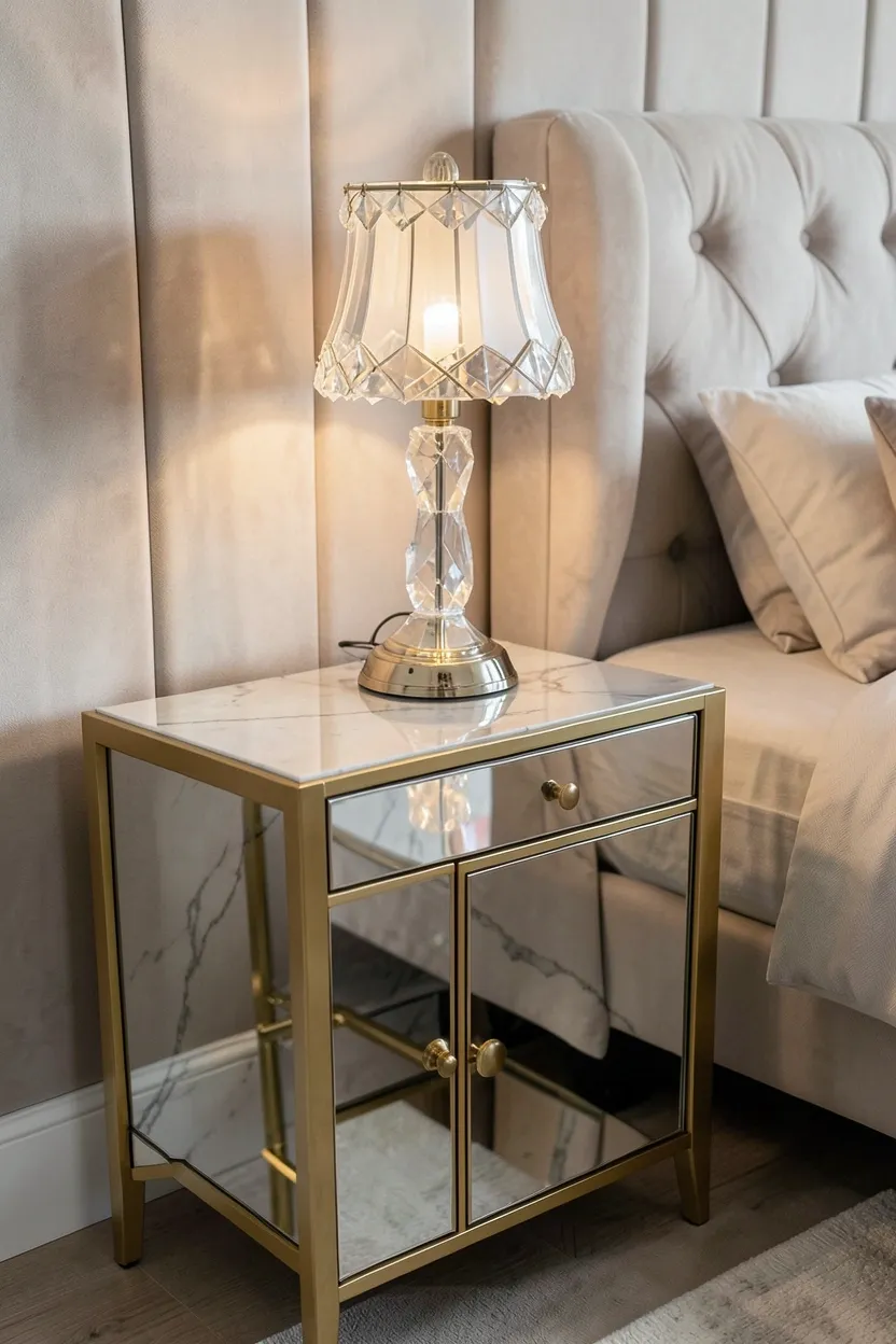 Olive green linen curtains with warm floor lamp light creating a cozy earthy atmosphere in a rental living room