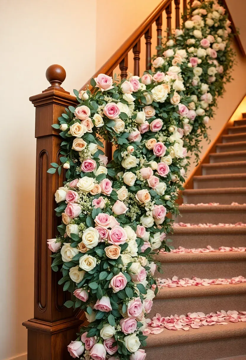 cascading floral staircase bloom bar with garlands on banister