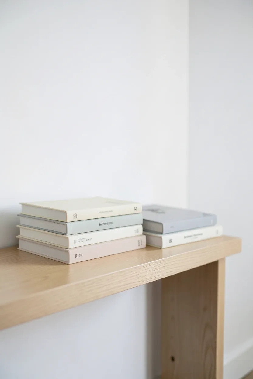 Curated books with neutral-toned spines stacked on a floating shelf alongside a small ceramic object in a minimalist interior