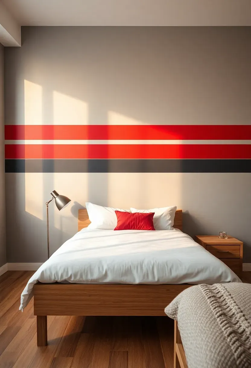 Boy bedroom with bold horizontal racing stripes painted in red and charcoal across the feature wall behind the bed