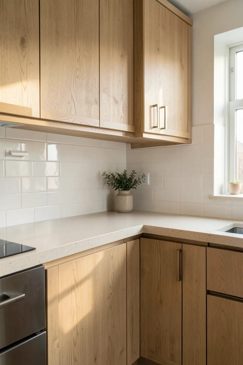 Open shelving japandi kitchen with curated neutral ceramics and glassware on light wood floating shelves