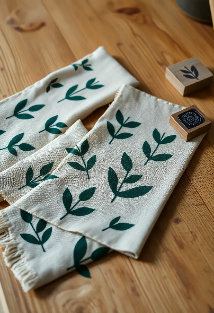 linen napkins with hand-stamped botanical leaf prints in green ink on a table