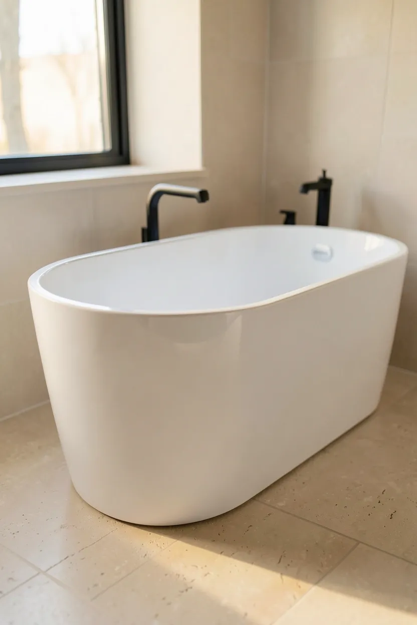 White freestanding soaking tub centered in a modern bathroom with natural stone floor and soft lighting