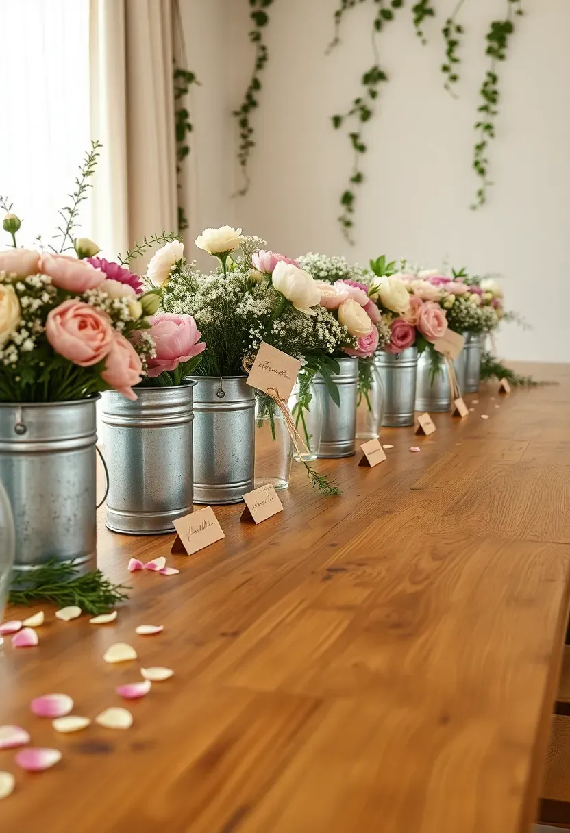 farmhouse table bouquet bar with galvanized buckets and glass vases of spring flowers