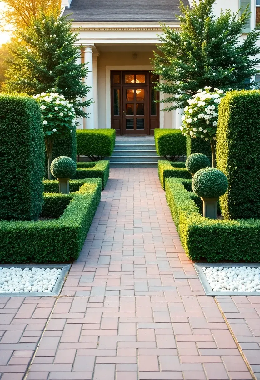 Hyper-realistic 3/4 view of a formal symmetrical front yard garden with identical boxwood hedges framing central walkway, matching topiary spheres, and twin flowering crabapple trees. Materials: clipped dark green boxwood, brick paver pathway, white marble chips. Warm golden hour light accentuating perfect symmetry, deep green foliage with white blooms. Precisely geometric layout with central axis leading to front door. Visible classical home with columns. No text, no logos, no watermarks.</p>