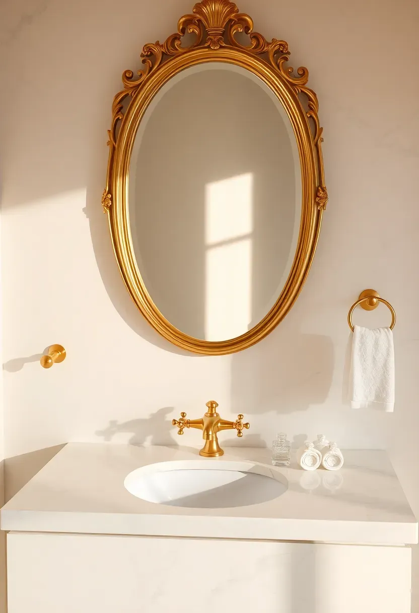 Glamorous bathroom with gold fixtures, gold-framed mirror, and marble accents creating luxurious ambiance