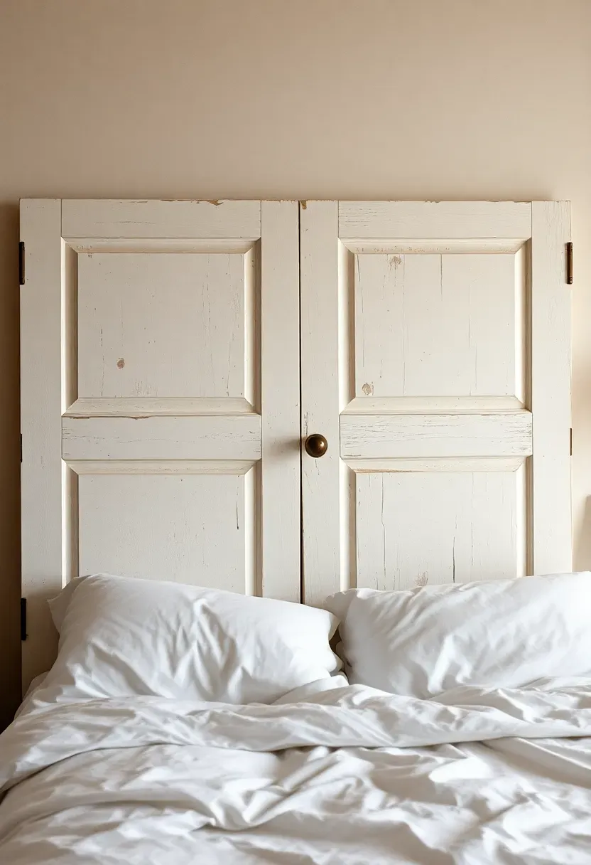 Vintage wooden door repurposed as unique headboard with peeling paint