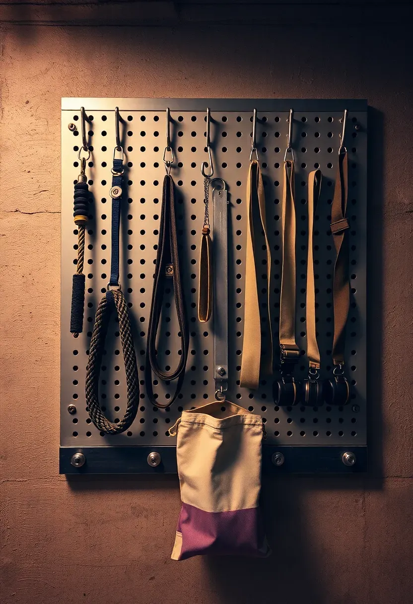 Metal pegboard mounted on a basement gym wall with hooks holding jump ropes, bands, lifting straps, wrist wraps, and a chalk bag