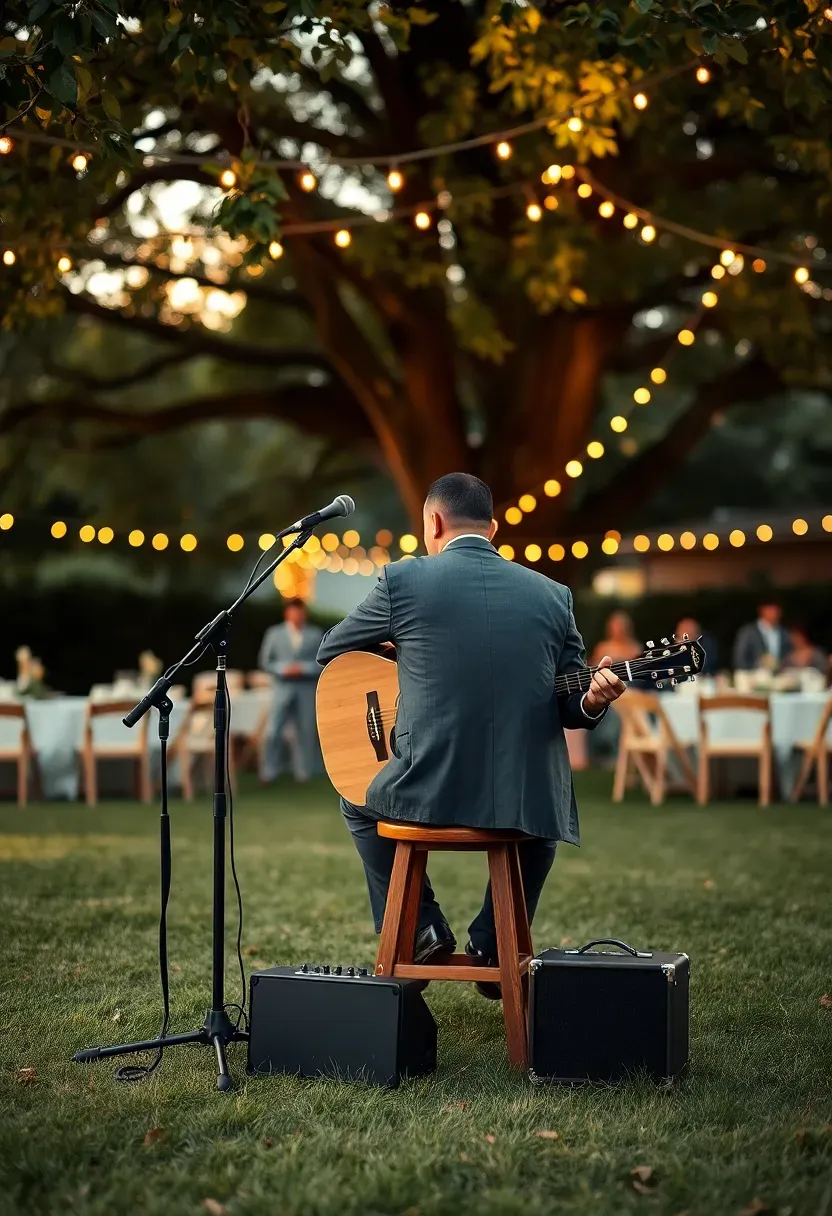 A small acoustic music setup in a backyard wedding corner with a guitarist on a stool, a microphone, a small amp, and string lights in the trees behind