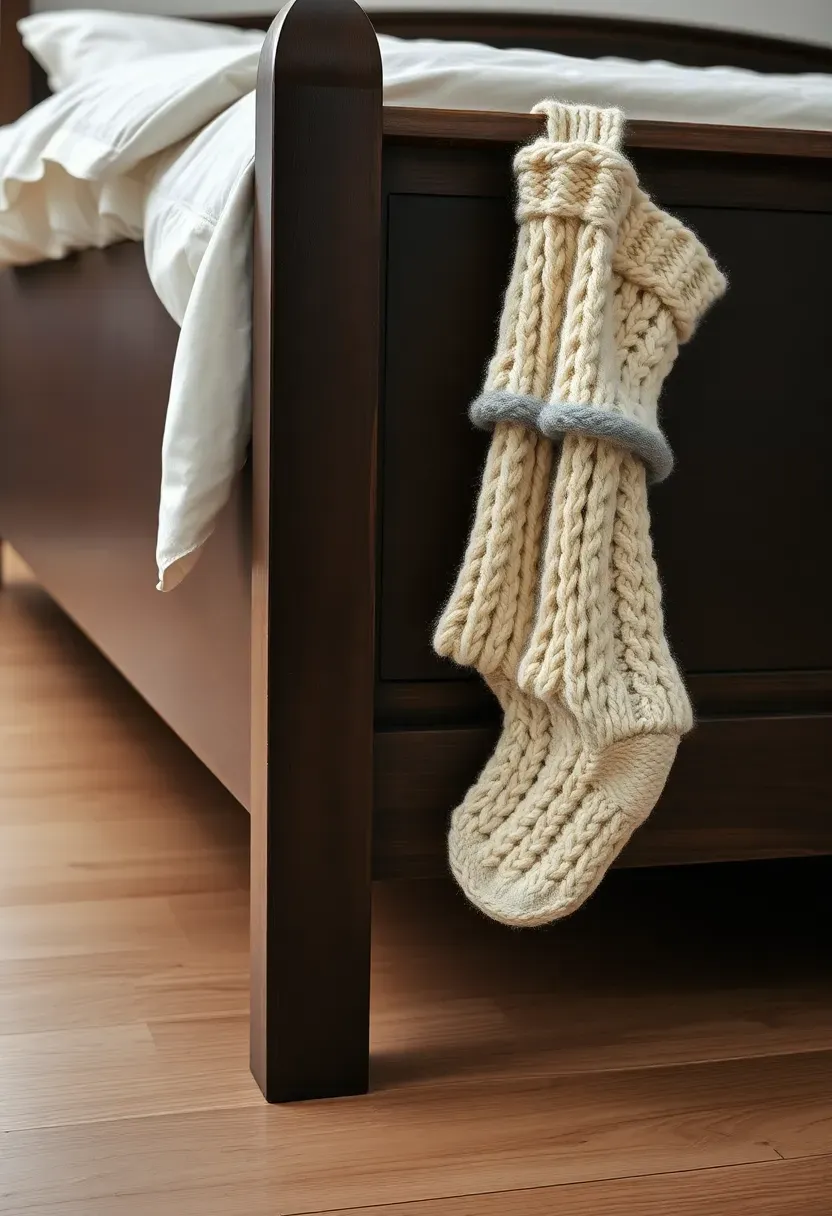 Hyper-realistic 3/4 view of bedroom footboard with chunky knit stocking hanging from bed frame. Cream cable-knit stocking with minimal grey trim, hanging elegantly against dark wood bed frame. White duvet on bed, light wood floor, white walls. Subtle Christmas feel without overt Santa themes. Materials: chunky knit stocking, wood bed frame, linen bedding. Natural light, knit texture adding warmth and dimension. Minimal festive bedroom style. Shallow depth of field, sharp details on knit pattern. No text, no logos, no watermarks.</p>