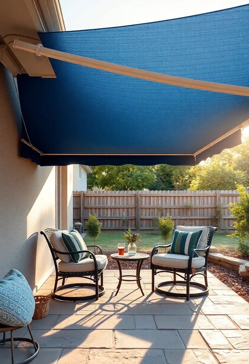 Retractable fabric awning extended over a backyard patio with cushioned seating and a coffee table in warm afternoon light