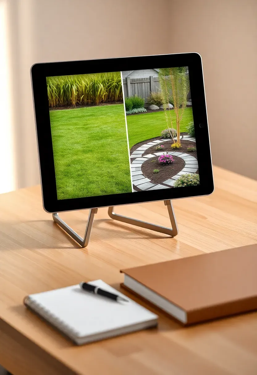 Tablet showing PRO Landscape Home app with a before-and-after backyard view featuring added stone walkway and flower beds