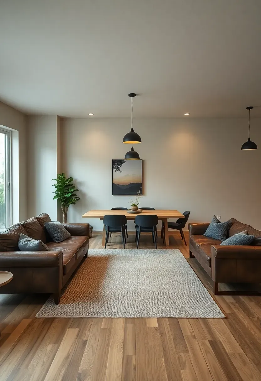 Open concept basement remodel with combined living, dining, and kitchen zones separated by a large area rug and pendant lights