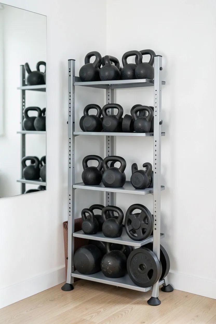 Tiered vertical weight stack holding dumbbells and kettlebells organized by resistance level in small apartment gym corner