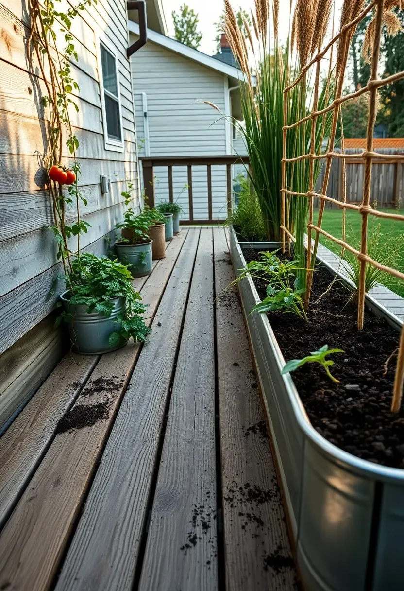Elevated backyard deck built from reclaimed wood planks with integrated raised planter walls filled with trailing vines and herbs