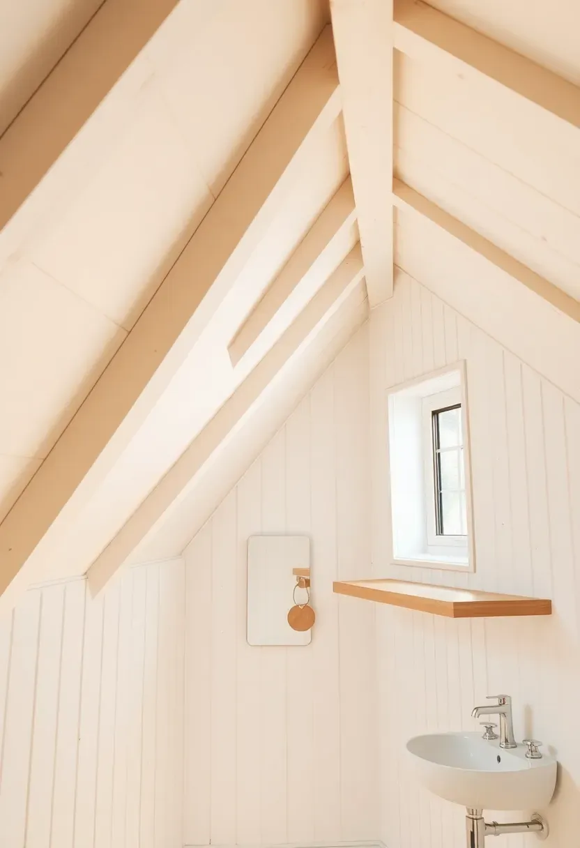 Attic bathroom with exposed white-painted timber roof beams, tongue-and-groove pine ceiling panels between the beams, floating oak shelf, and wall-mounted white ceramic sink