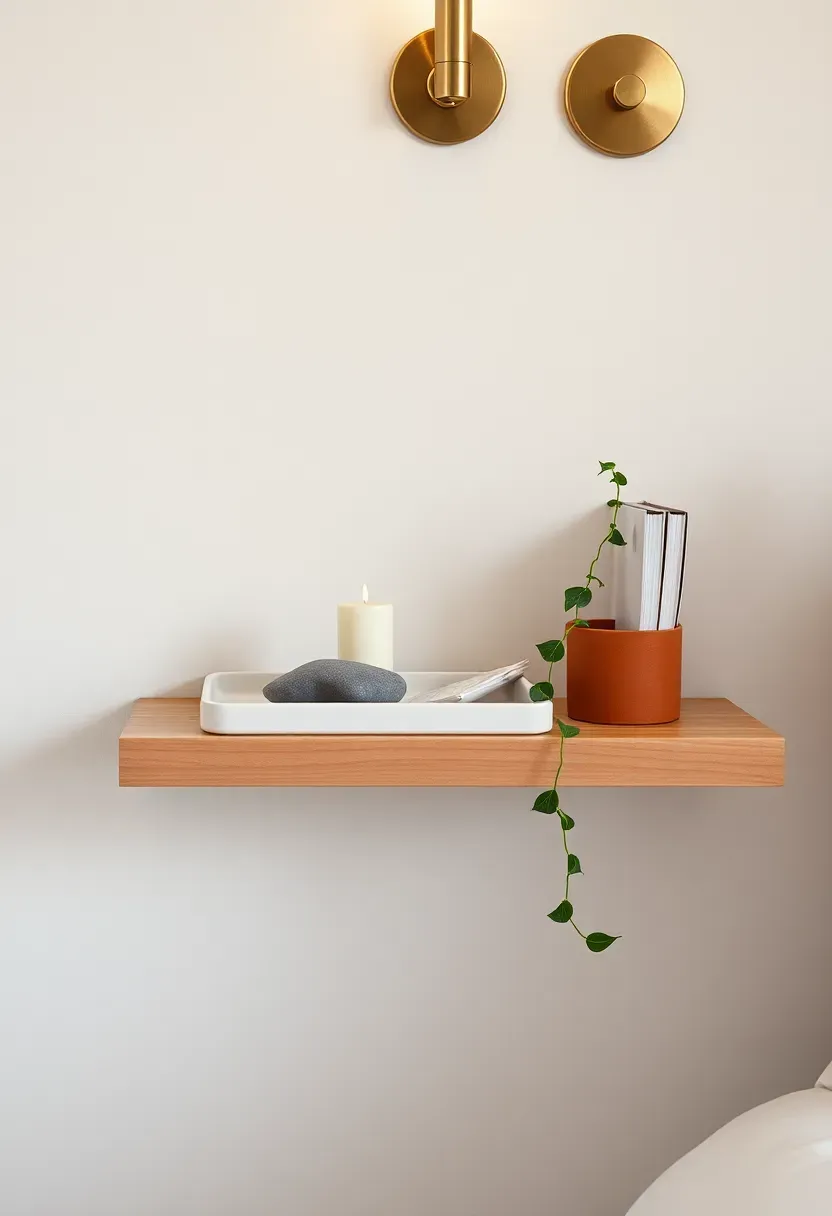 small bedroom with minimal decor — one framed print above the bed, a single plant on a floating shelf, a ceramic tray on the nightstand with two small objects only
