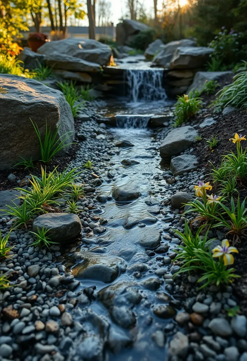 Recirculating backyard creek with a waterfall headwater flowing over boulders through a winding gravel-lined channel with native plantings