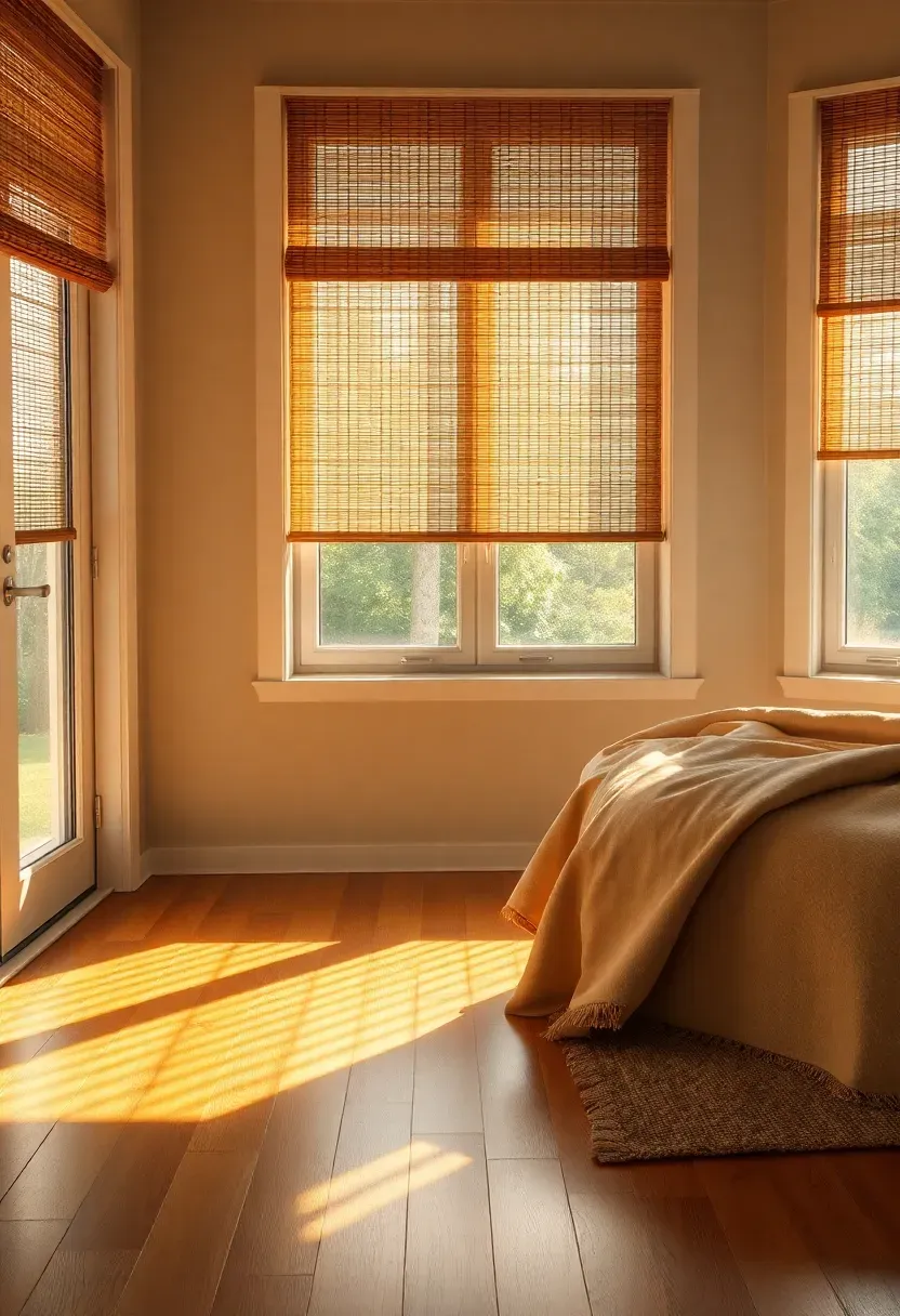 Natural bamboo roller shades at various heights on sunroom windows, dappled light on hardwood floor, cozy bed with woven blanket in background