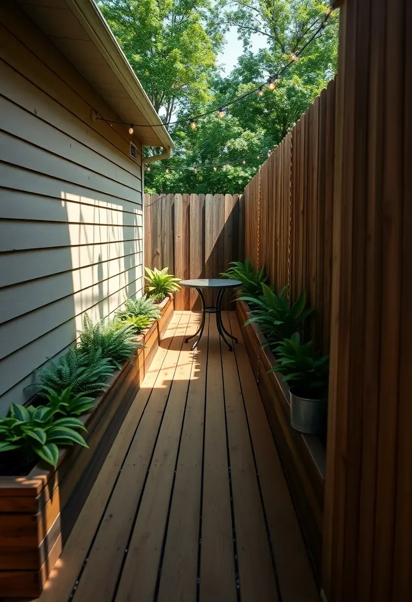narrow side yard transformed into a long wooden deck walkway with built-in planter boxes, bistro table for two, and overhead string lights connecting the house to the back fence