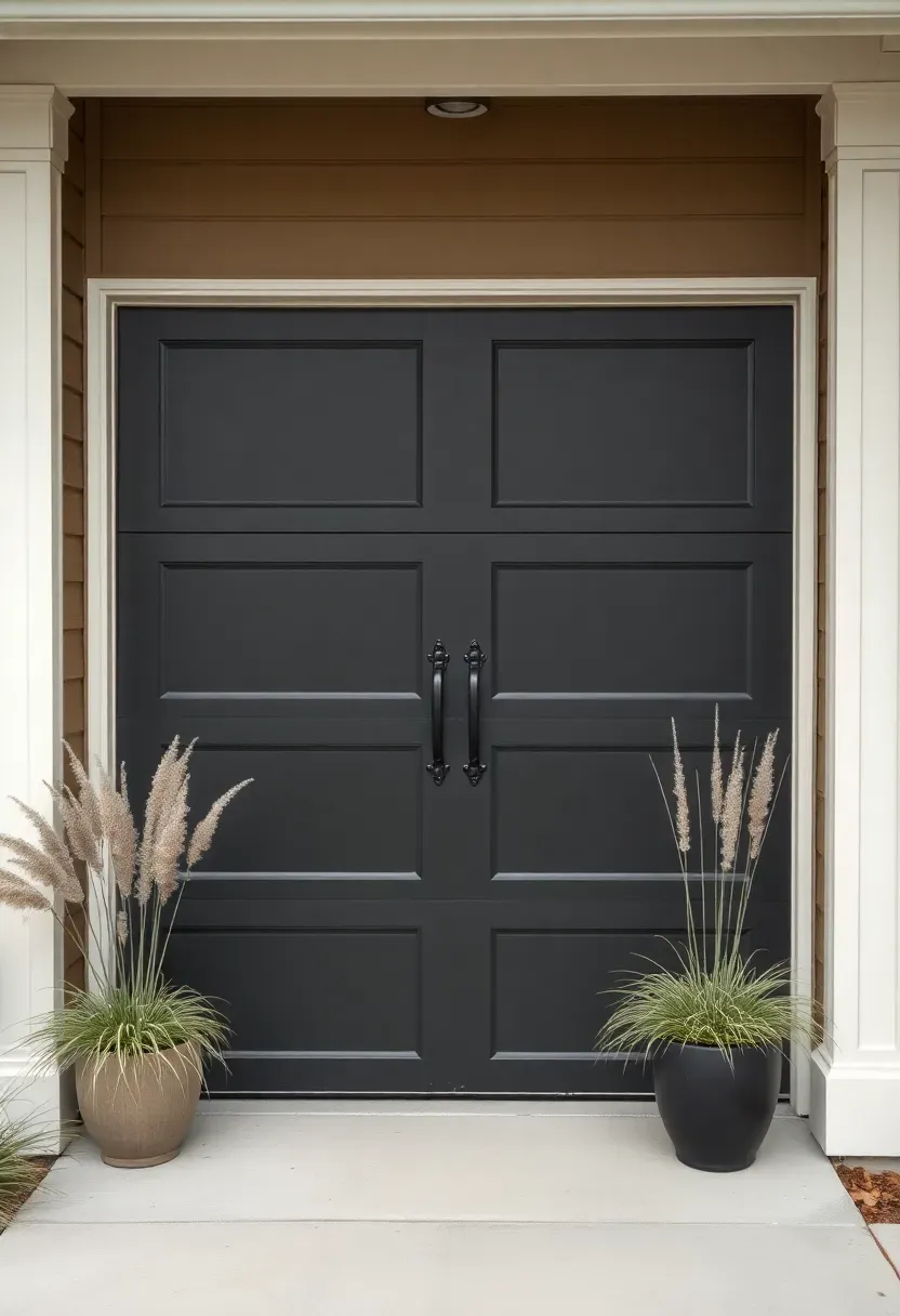 Ranch home carriage style garage door upgrade in dark charcoal with decorative hinges and ornamental grasses
