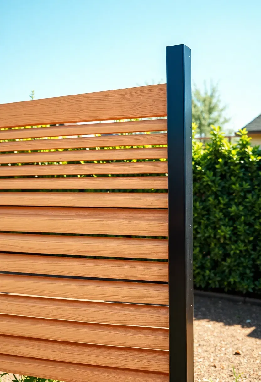 A fence with angled horizontal louvers allowing airflow while blocking the direct line of sight into a backyard