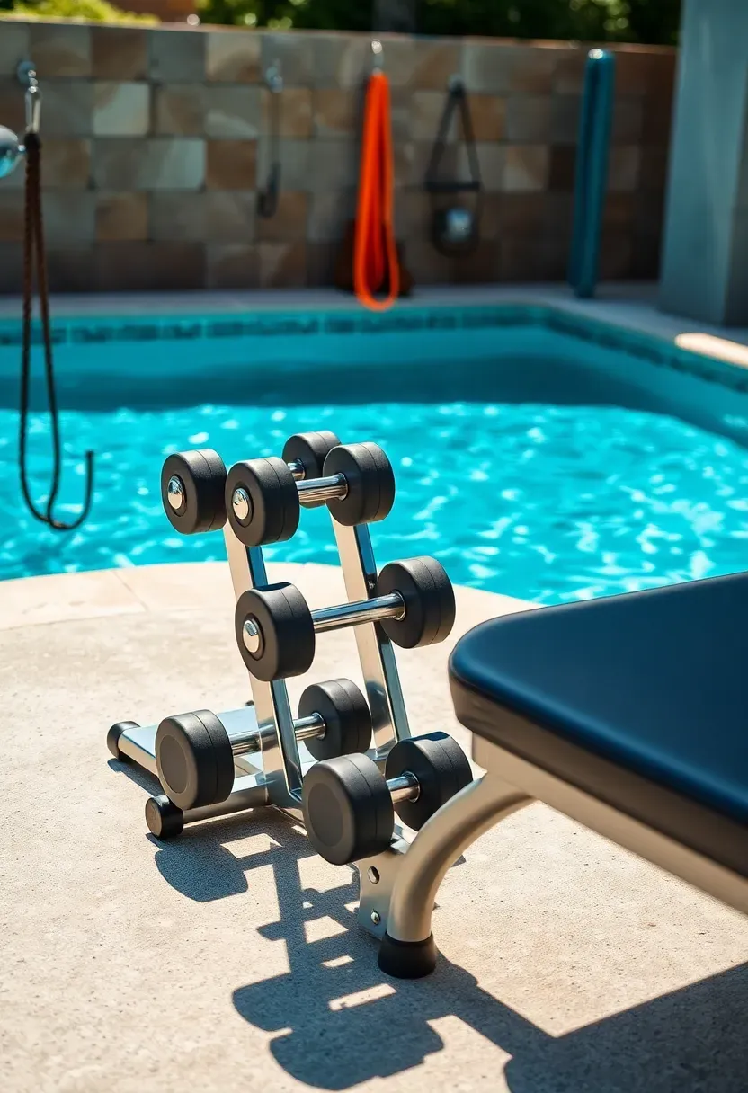 Backyard pool area with a designated fitness zone on the concrete deck featuring a dumbbell rack, resistance bands on hooks, a bench, and pool water visible in background