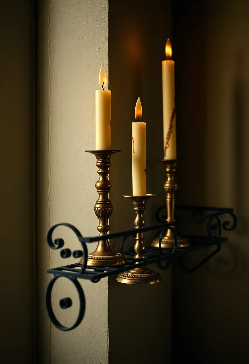antique brass candlesticks of varying heights on a black iron shelf
