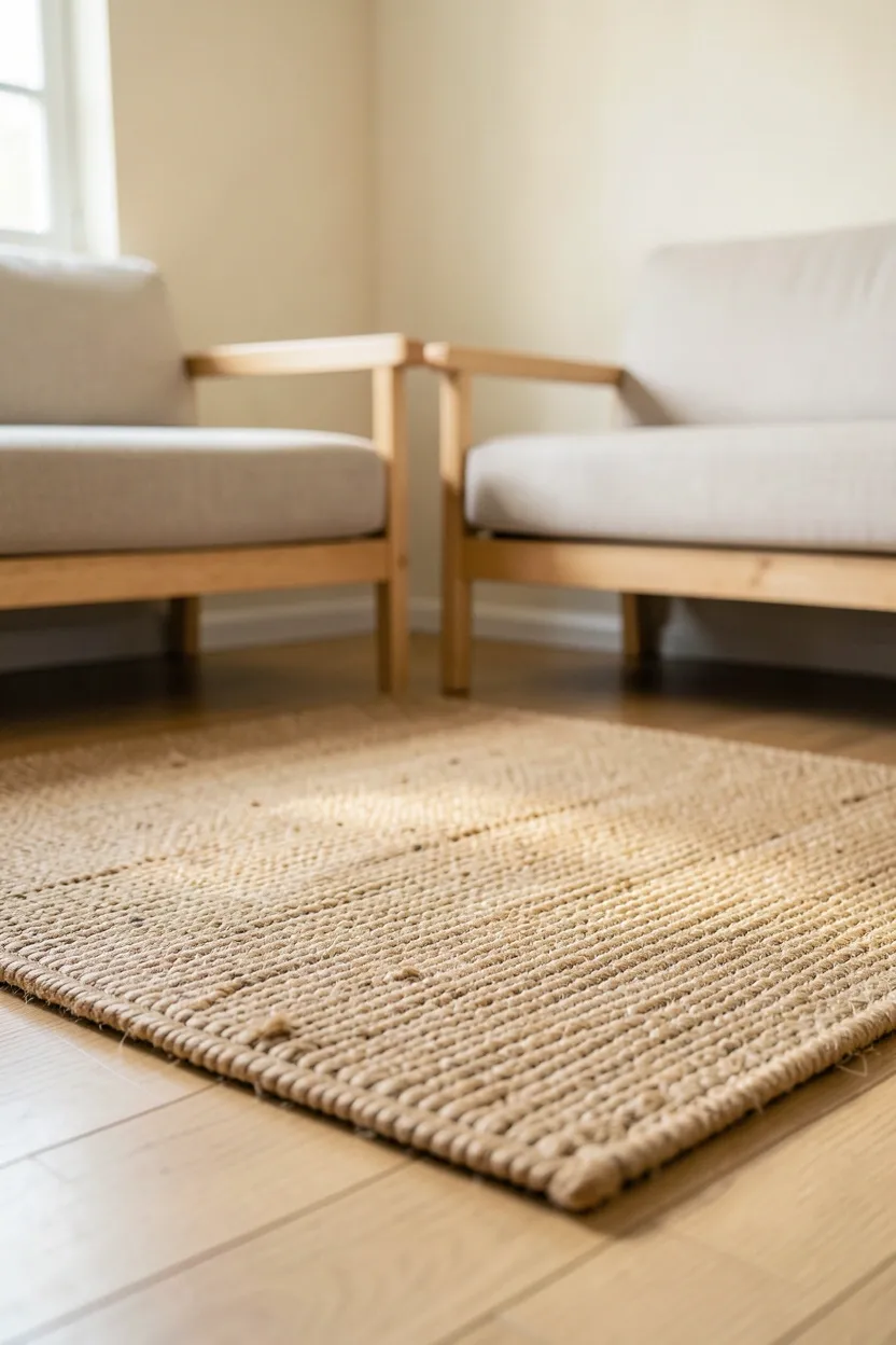 Jute rug with wool throw on a light wood floor in a natural minimalist apartment living room