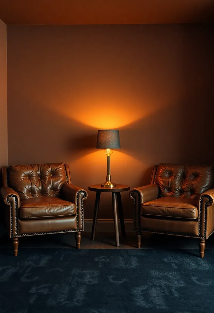 cozy basement den with warm mushroom brown paint and leather armchairs