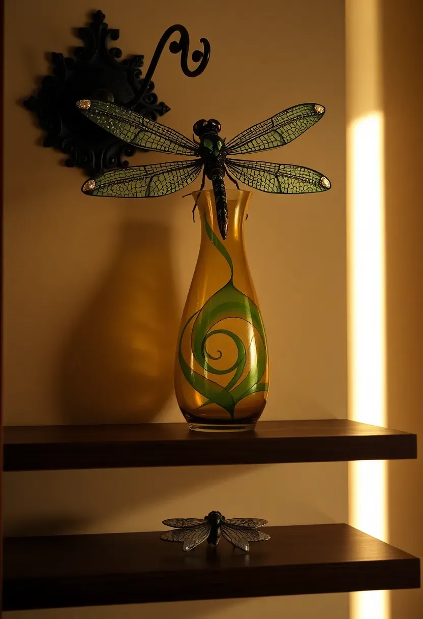 Dragonfly decorative accents in Art Nouveau style — bronze wall sconces and glass paperweights
