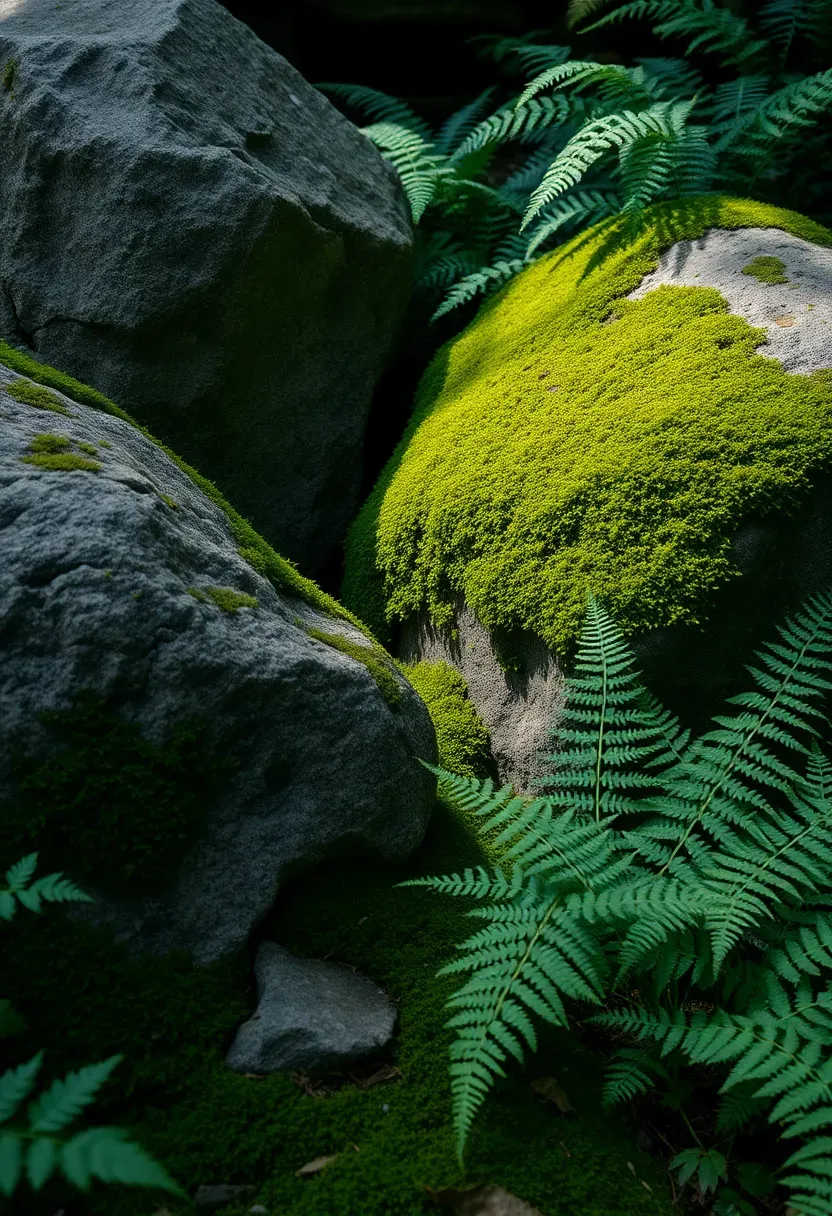Shaded garden hollow with moss-covered rocks, maidenhair ferns, and Japanese painted ferns nestled among weathered boulders in dappled light