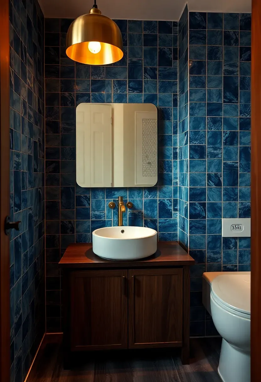 Handmade ceramic tile bathroom accent wall in deep ocean blue with uneven glaze surfaces and warm pendant lighting