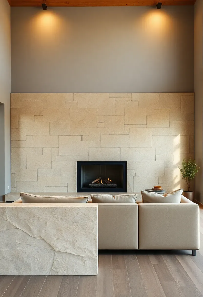 Hyper-realistic 3/4 view of an earthy modern living room featuring a substantial limestone fireplace surround extending from floor to ceiling with visible natural stone variations and texture, warm gray plaster walls, light oak wood flooring, low-profile beige sofa facing the fireplace.