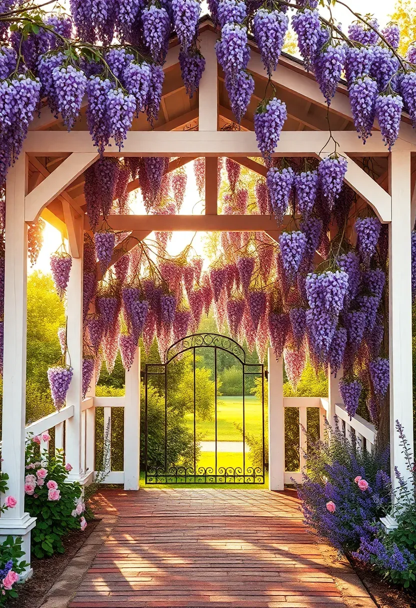 A white painted wooden gazebo completely covered in blooming purple wisteria vines with clusters of flowers hanging from the roof edges in a cottage garden setting