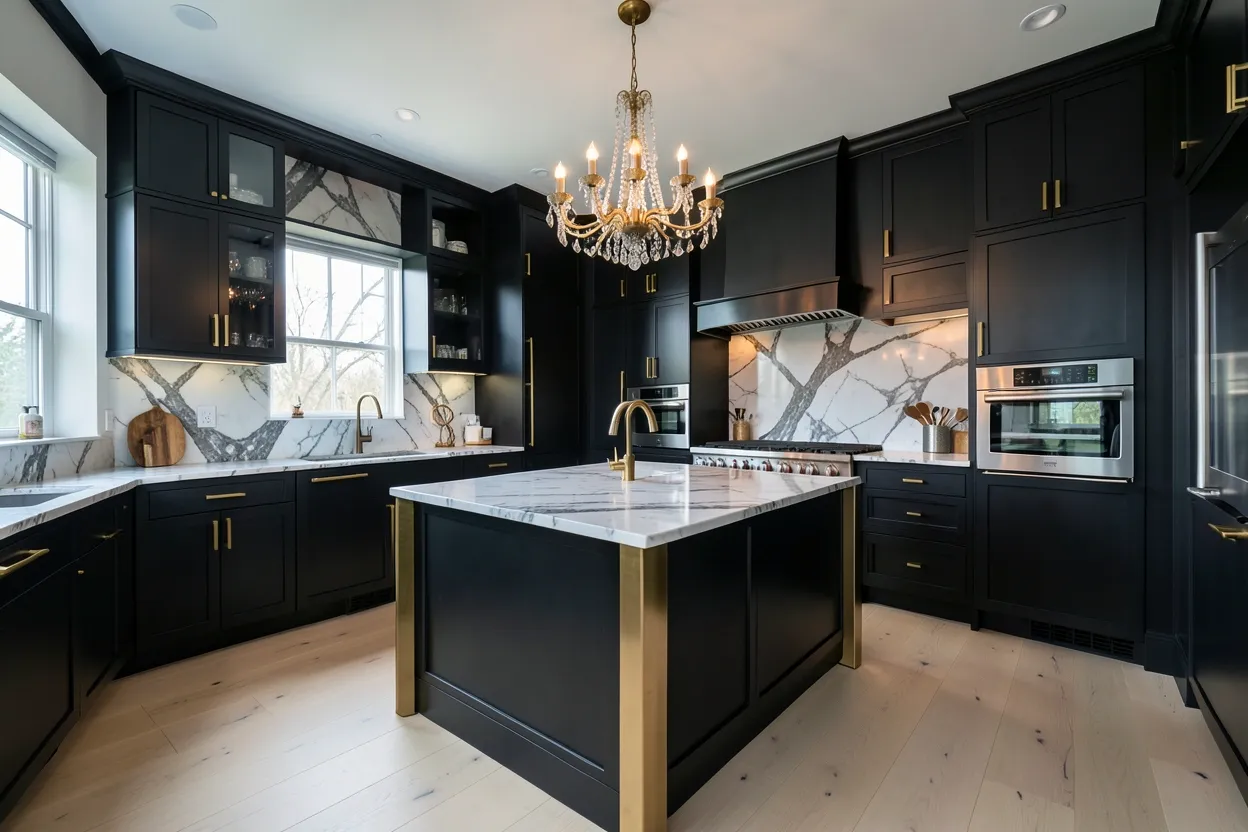 Bold luxury kitchen with marble island, brass accents, and dark charcoal cabinetry