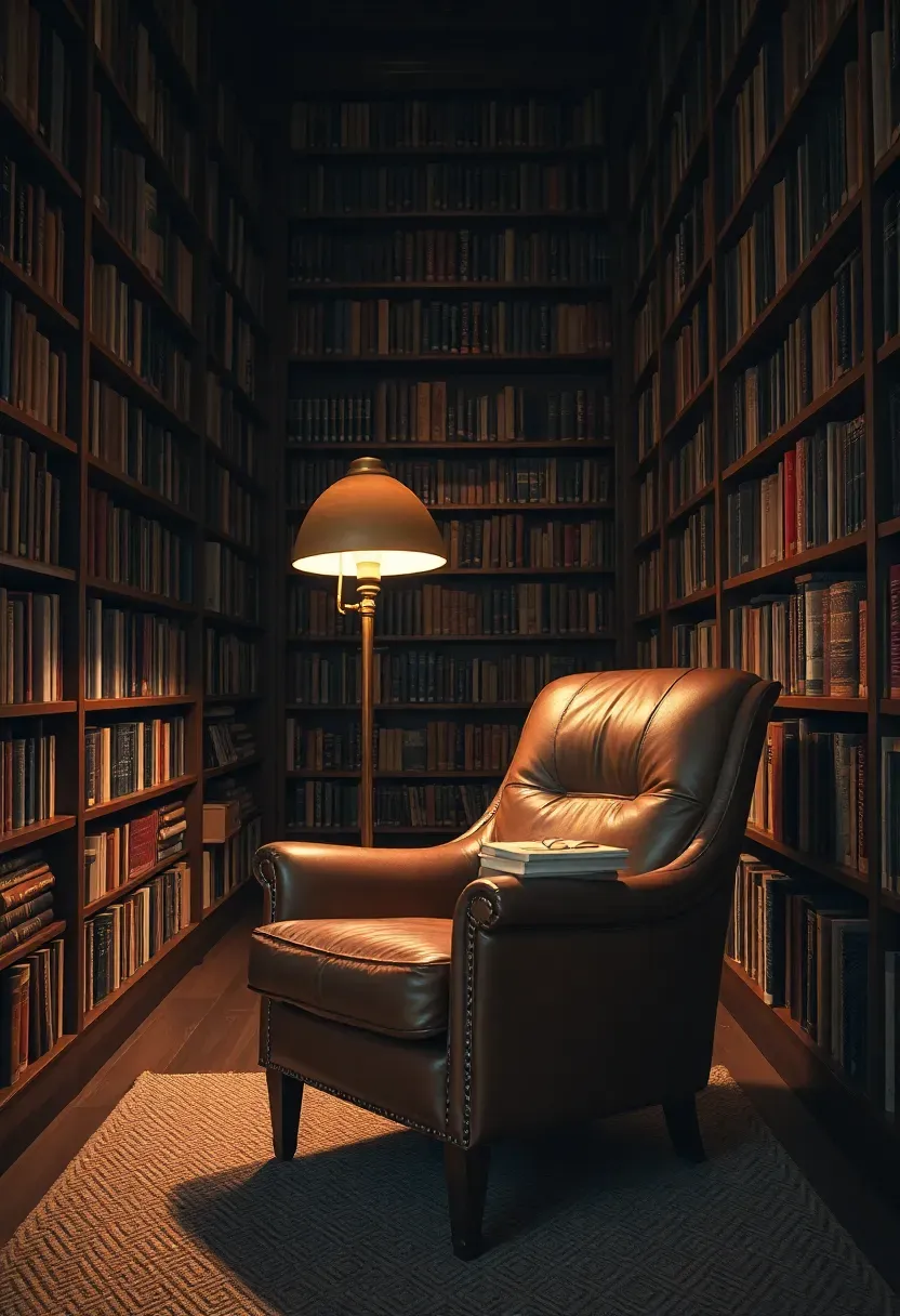 Basement library reading room with floor-to-ceiling bookshelves, a leather armchair with ottoman, brass reading lamp, and a woven rug on the floor