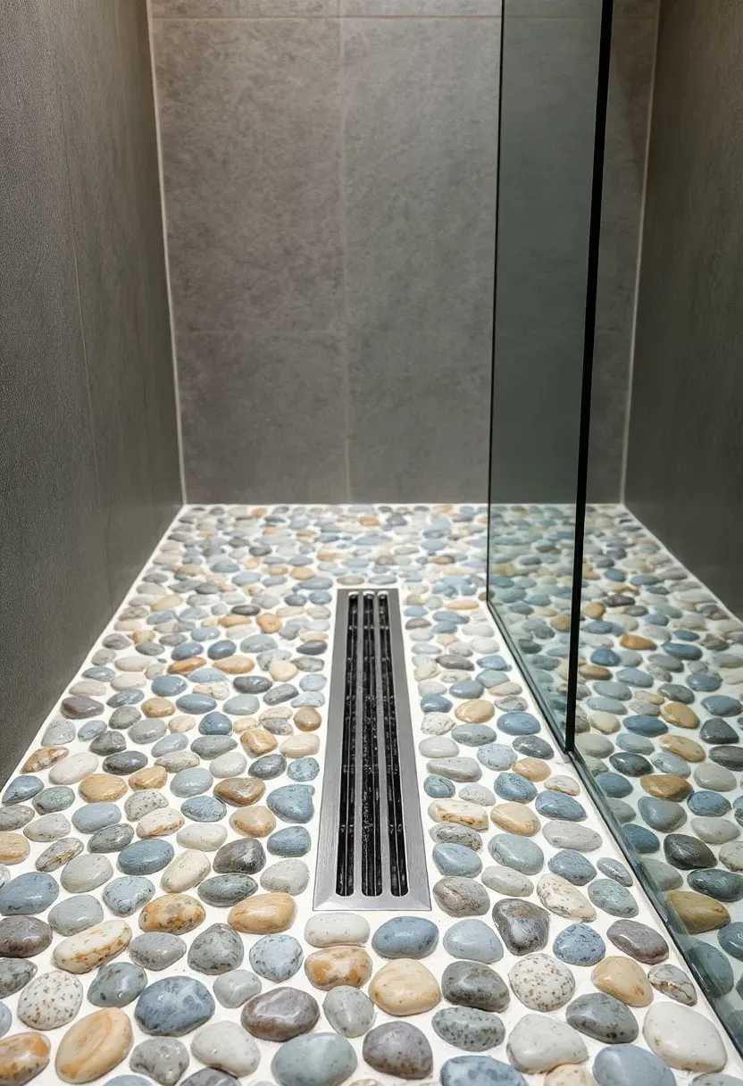 Shower floor covered with natural river pebble tiles in gray and tan tones with white grout organic spa-like texture