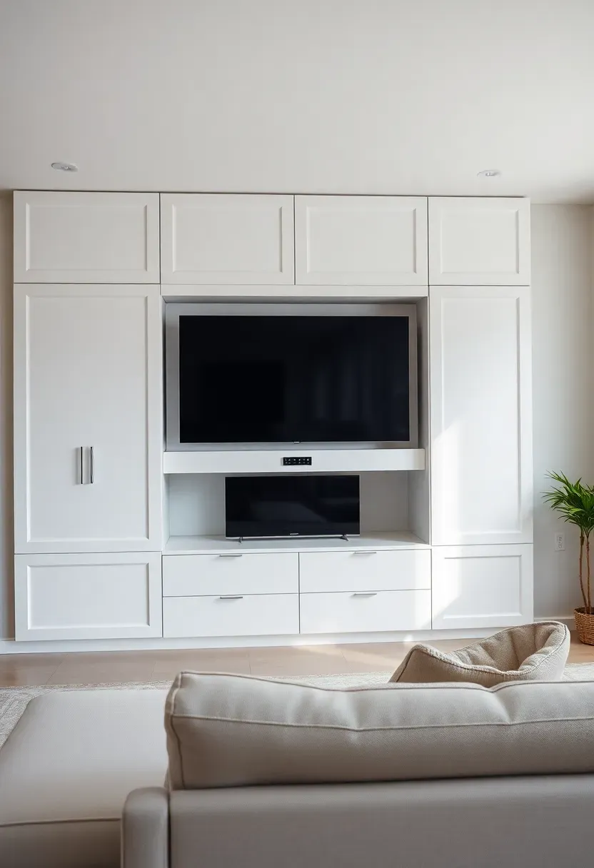 Hyper-realistic view of minimalist living room wall with white cabinetry panels concealing television, when closed appears as seamless storage wall, small control panel visible, white sofa facing. Materials: white lacquer cabinetry with integrated TV lift, white walls, gray sofa. Natural light, clean uncluttered mood. Hidden technology, shallow depth of field, no text, no logos.</p>
