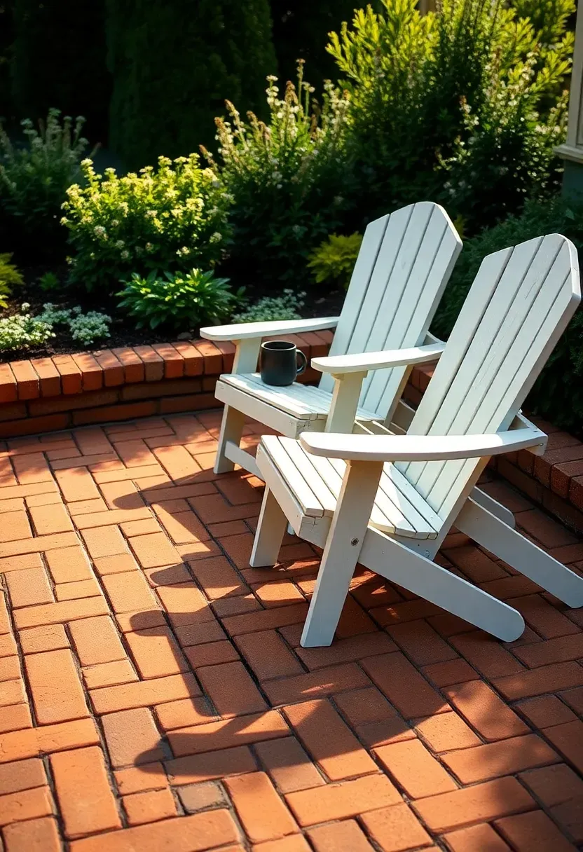 A brick paver patio laid in herringbone pattern with warm red and brown tones in a backyard garden setting