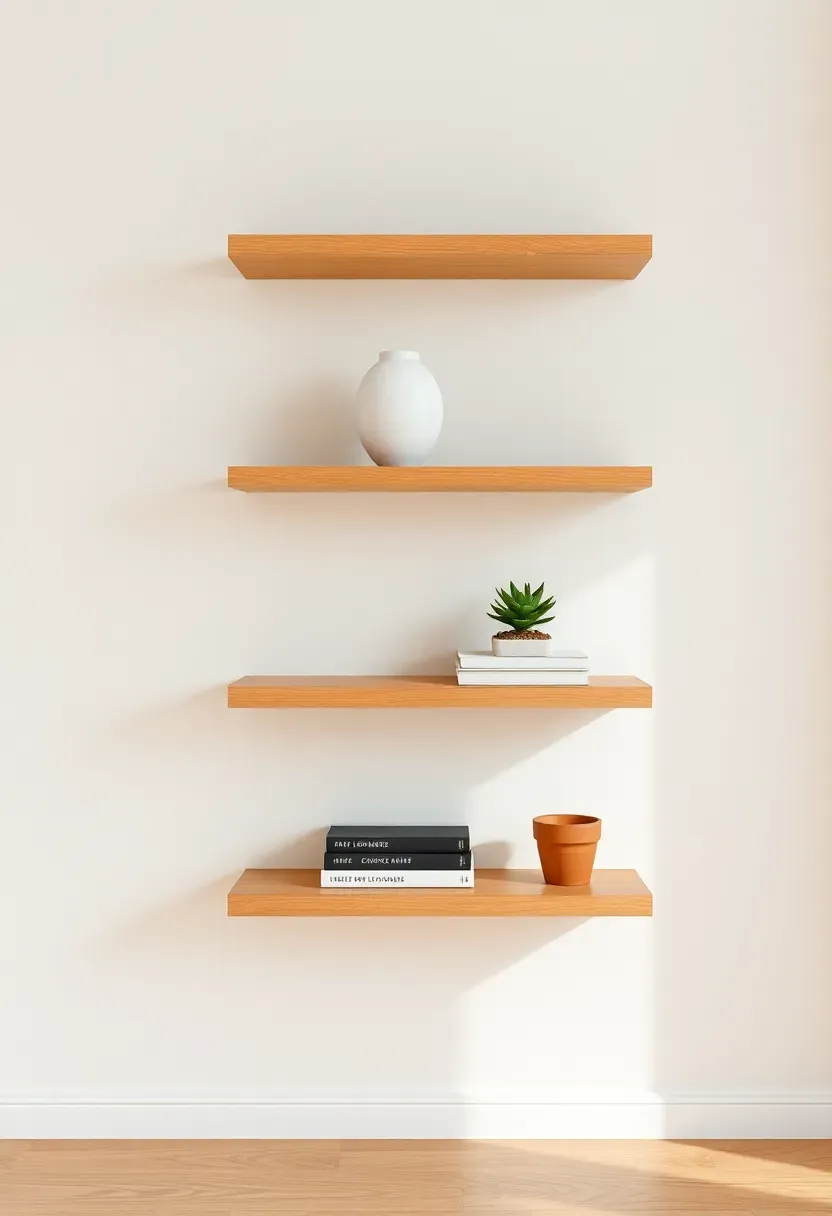 Hyper-realistic medium shot of three floating light oak wood shelves mounted on a warm white wall. Each shelf holds 2-3 carefully styled objects: matte white ceramic vase, small potted succulent, stacked neutral books. Minimal decor—no clutter. Shelves have clean edges, no visible brackets. Light oak flooring below. Materials: solid oak wood, matte ceramic, terracotta pot. Soft natural side lighting, shadows beneath shelves. Clean composition. No text, no logos, no watermarks.</p>